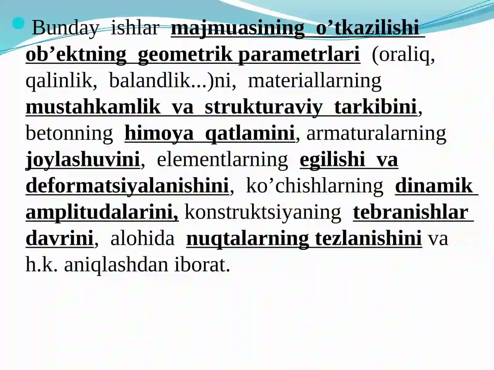 TEKSHIRISH ISHLARI. BINOLAR VA KONSTRUKTSIYALARNING HOLATINI TEKSHIRISH USULLARI. UMUMIY YOKI DASTLABKI TEKSHIRISH. SINCHIKLAB TEKSHIRISH 4