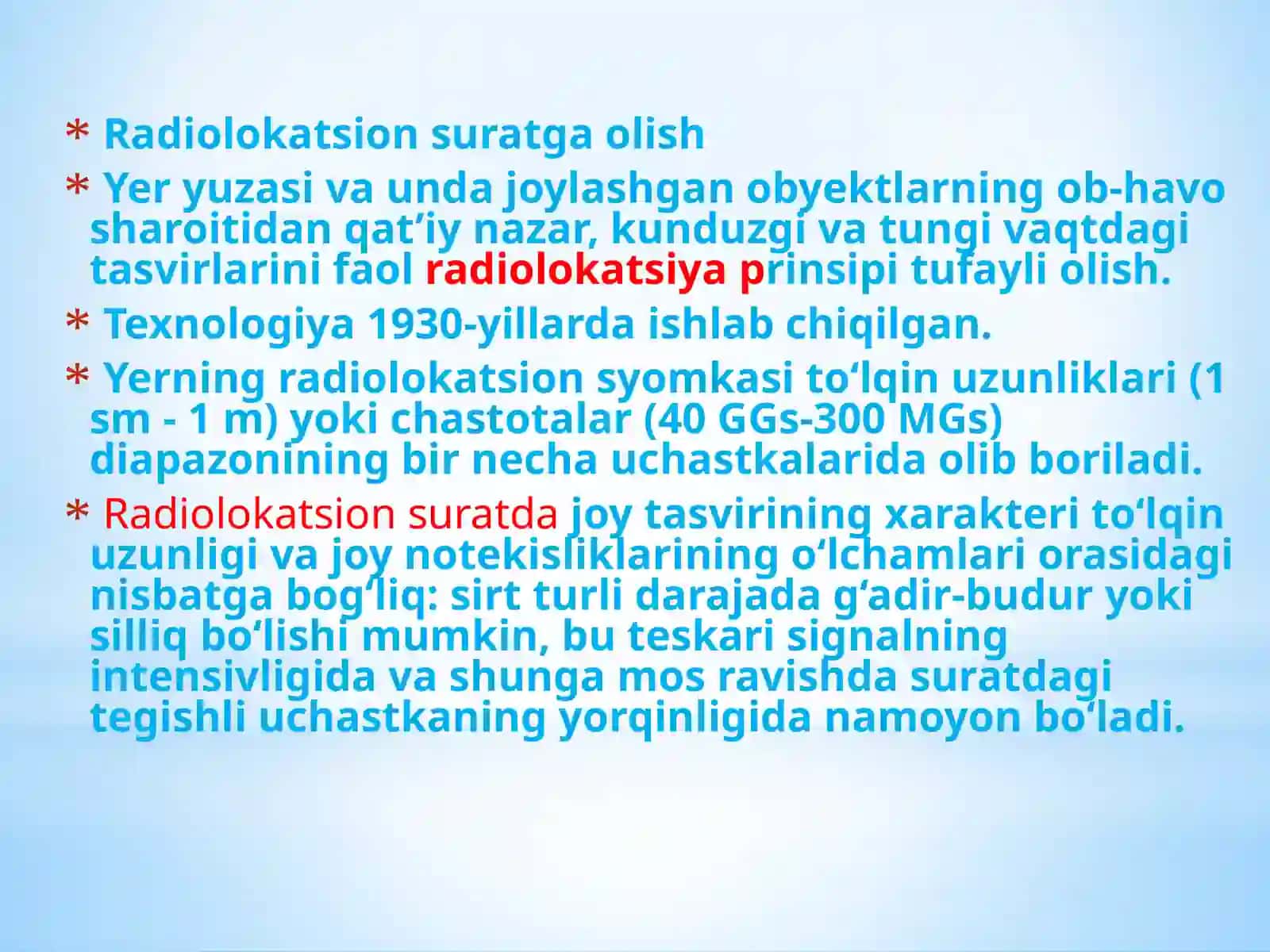 Geologiyada aerokosmik usullarning fizik asoslari. Elektromagnit nurlanish. Geologik obyektlarning elektromagnit nurlanishining asosiy xarakteristikalari. 4