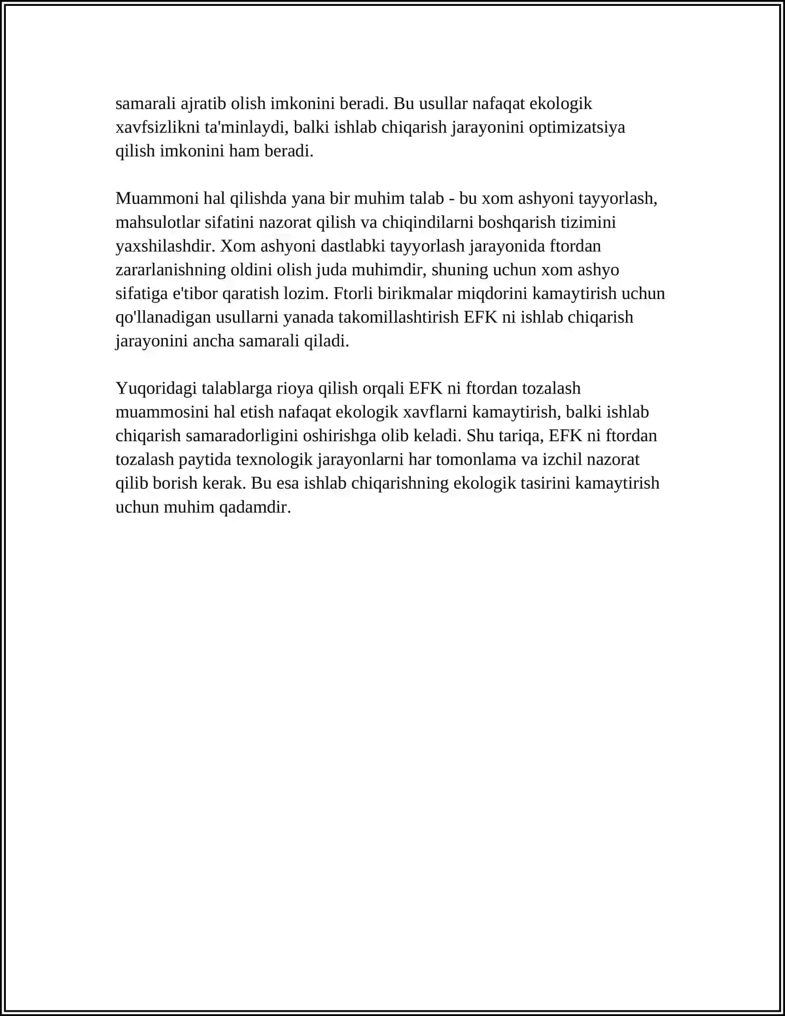 EKSTRAKSION FOSFOR KISLOTASINI (EFK) FTORDAN TOZALASH MUOMMOSINI QANDAY HAL QILINADI? 4