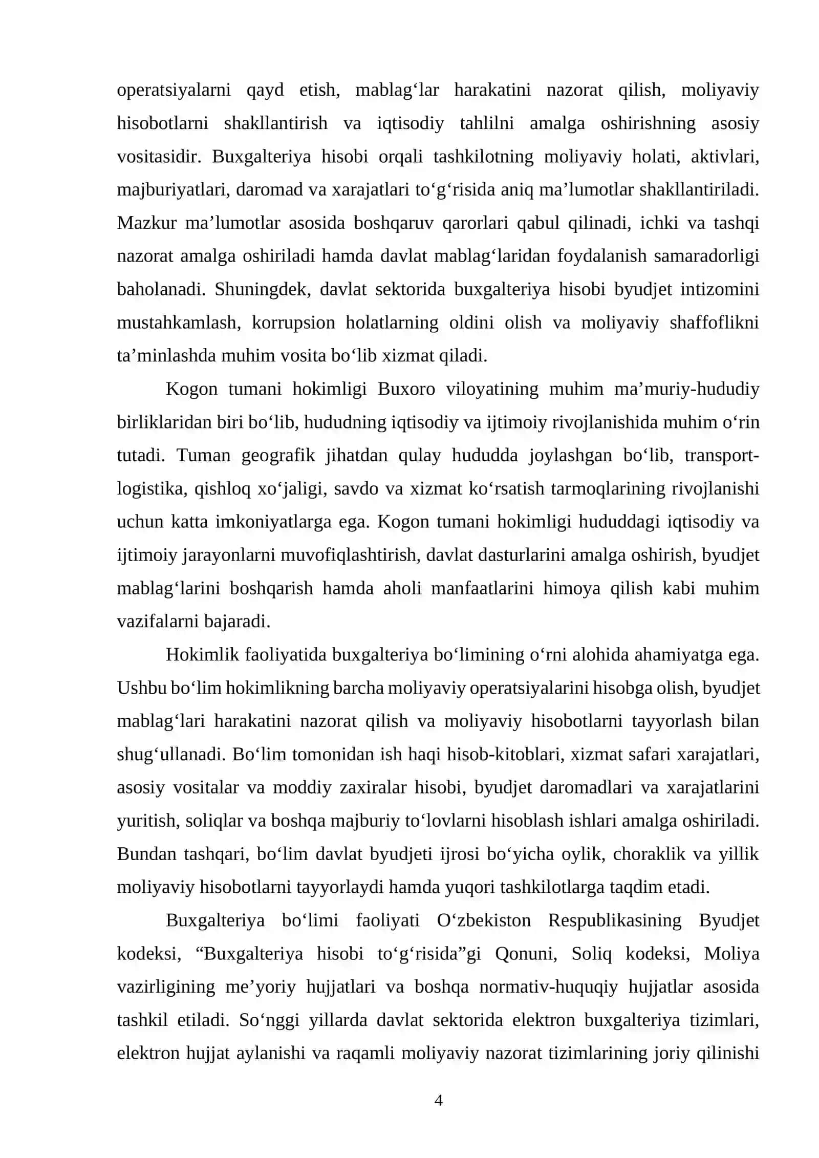MALAKAVIY AMALIYOTI BO‘YICHA HISOBOTI. Buxoro viloyati Kogon tumani hokimligi buxgalteriya bo‘limi 4