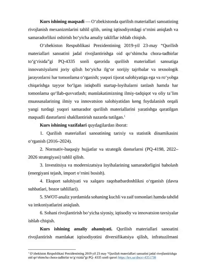 “O‘zbekistonda qurilish materiallari sanoatini rivojlantirish xususiyatlari” mavzusida ilmiy ish 4