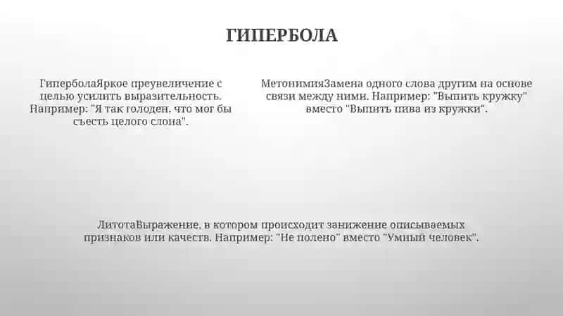 Тропы: Метонимия,Литота, Гипербола, Перифраз, Ирония 4