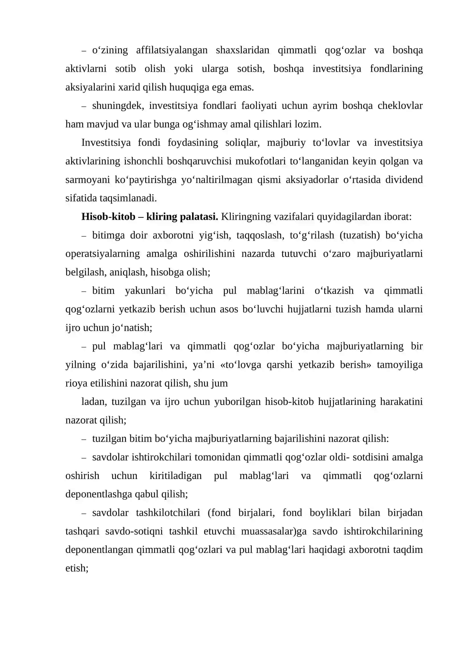 Investitsiya fondi. Kliring palatasining funksiyalari 4
