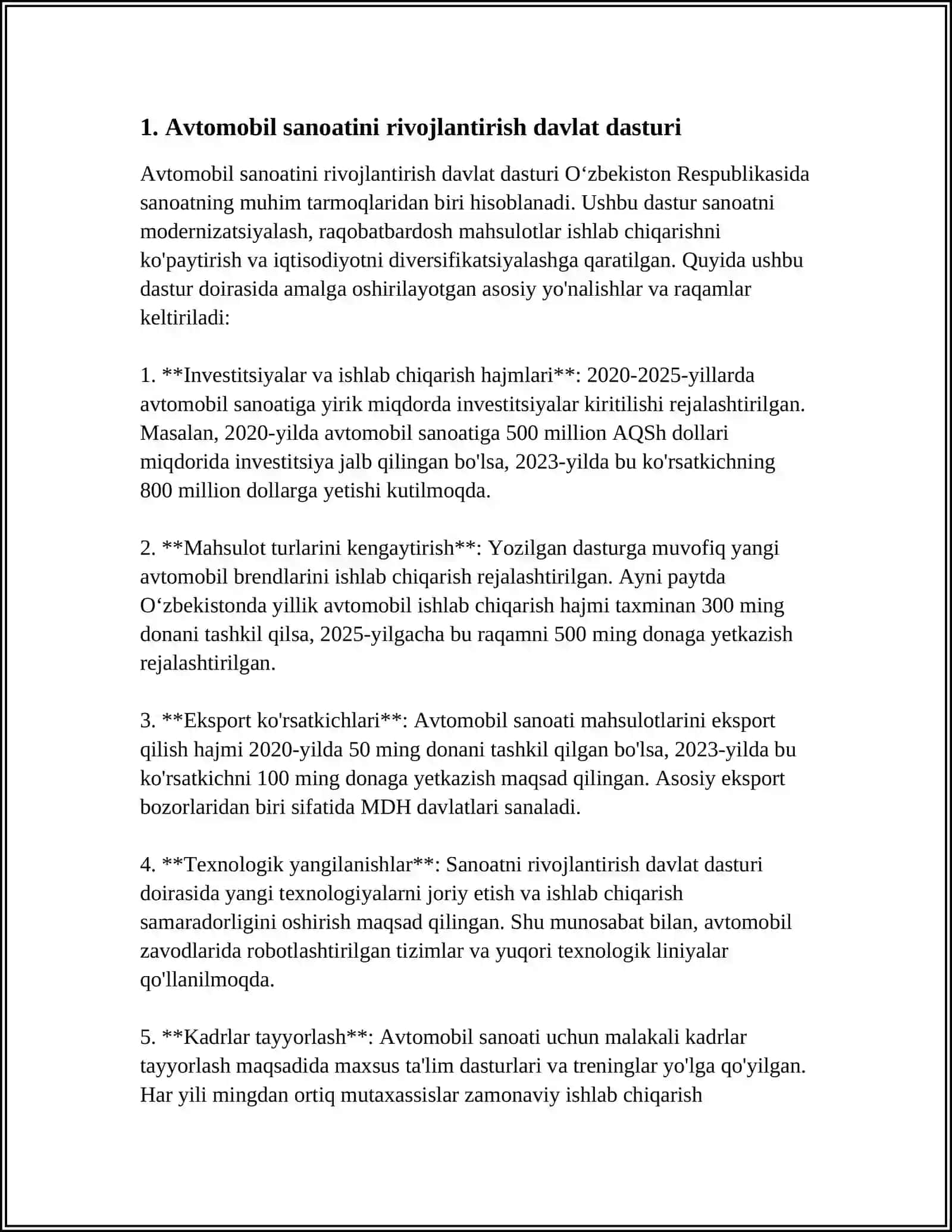 RESPUBLIKADA AVTOMOBIL SANOATI VA TRANSPORTINI RIVOJLANTIRISH BOYICHA XUKUMAT QARORLARI HAMDA ULARNI AMALGA OSHIRISH BO'YICHA BAJARILGAN ISHLAR 4