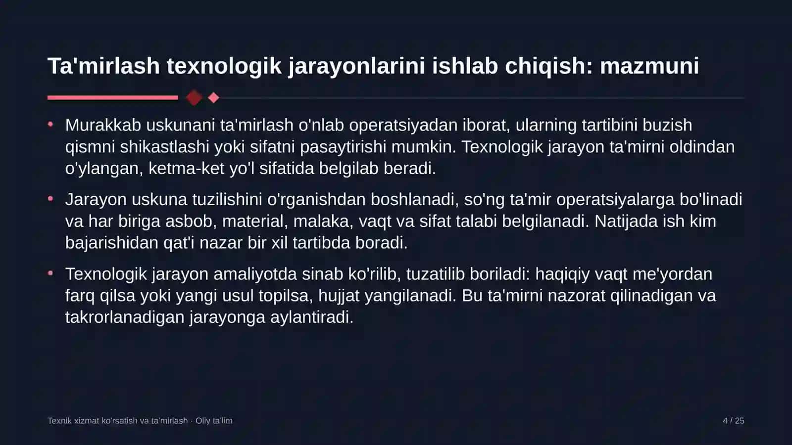 Keytering xizmatida ta'mirlash ishlari texnologik jarayonlarini ishlab chiqish 4