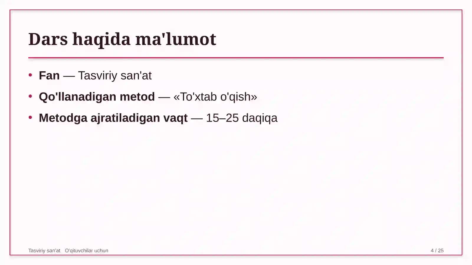 tasviriy san'at darslarida to'xtab o'qish metodidan foydalanish 9841 4