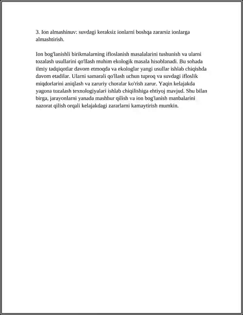 TUPROQ VA SUVNING IFLOSLANISHIDA ION BOG'LANISHLI BIRIKMALARNI ANIQLAB ULARDAN TOZALAB CHIQISH 4