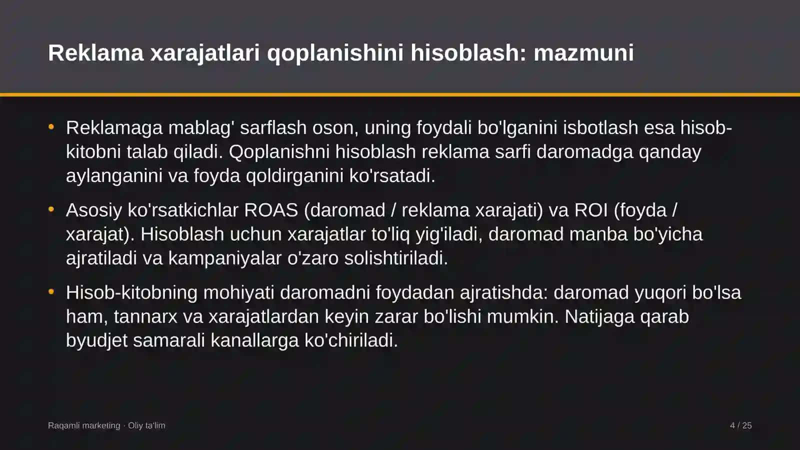 Reklama xarajatlari qoplanishini hisoblash: mohiyati 4