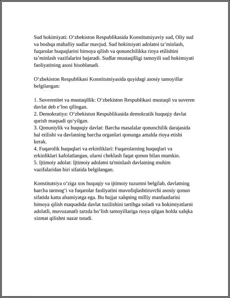 REFERAT Mavzu: OʻZBEKISTONDA RESPUBLIKADA HOKIMIYATLAR TIZIMI QONUN CHIQARUVCHI IJRO ETUVCHI VA SUD HOKIMIYATI 4