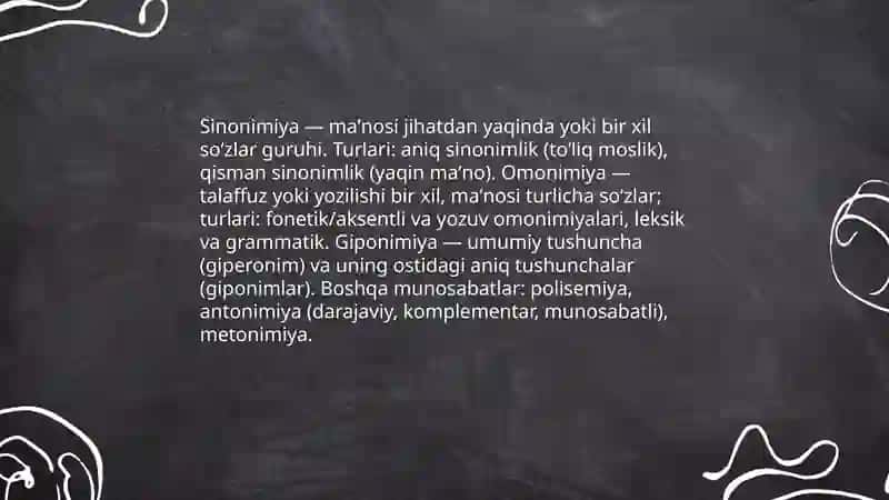 Lugʻat tarkibining shakli va maʼno munosabatlari jihatidan tavsiflanishiga koʻra turlari. Omonim va ularning. Sinonim va ularning turlari 4