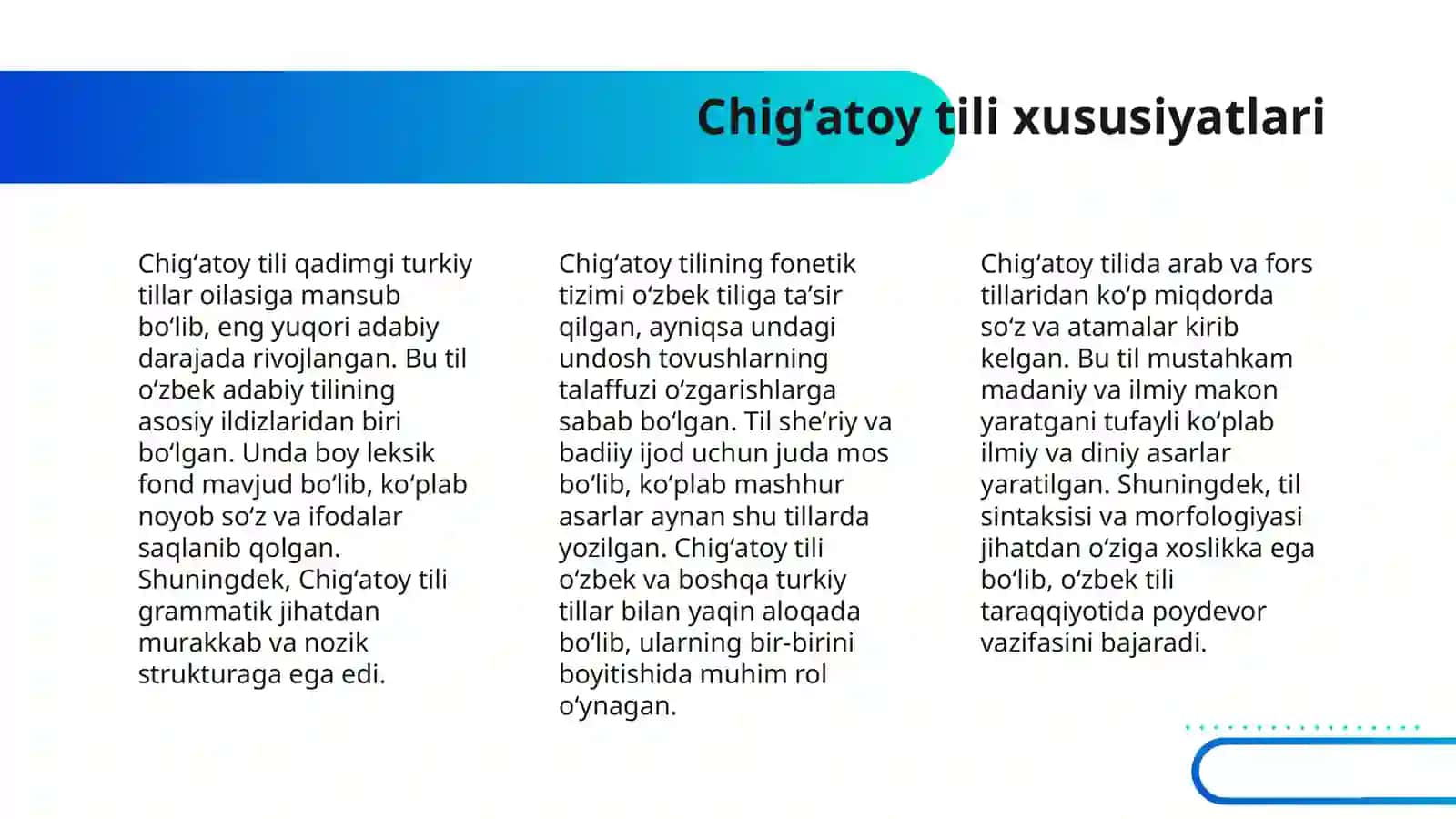 QADIMGI TURKIY TILLARDA OʻZBEK ADABIY TILI TARAQQIYOTIDAGI ROʻLI TURK CHIGʻATOY SART OʻZBEK ATAMALARINING QOʻLLANILISH TARIXI VA ILMIY ASOSLANISHI.ARAB,FORS TOJIK VA RUS TILLARINING OʻZBEK TILIGA TA'SIRI 4