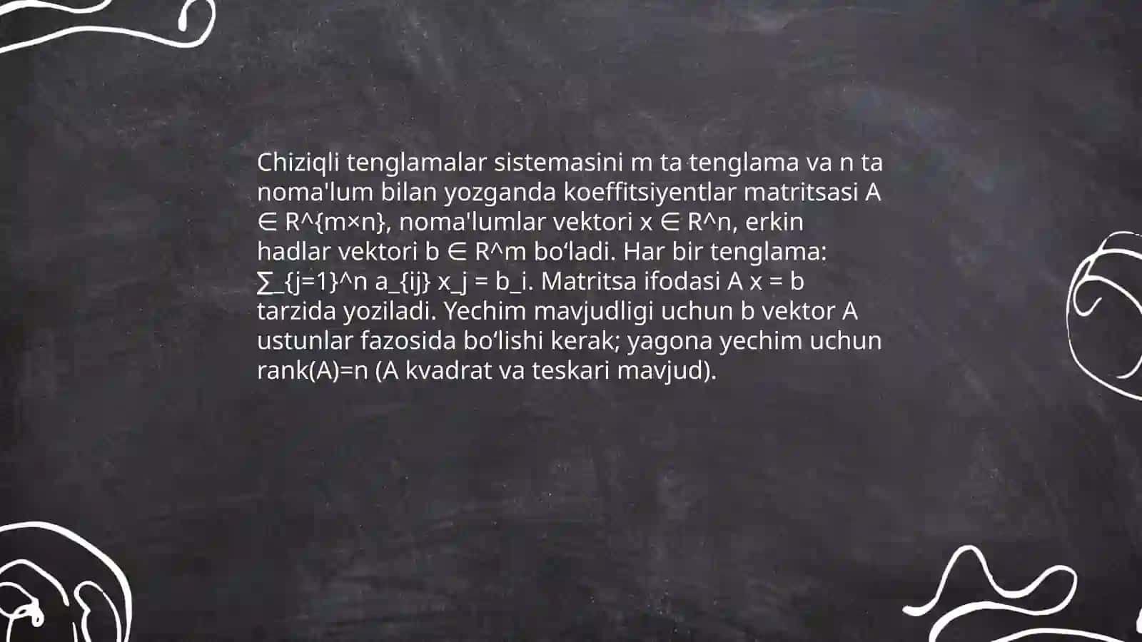 Chiziqli tenglamalar sistemasi haqidagi asosiy tushunchalar va uning yechish usullari Kramer qoidasi, Gauss usuli va teskari matritsa usuli 4