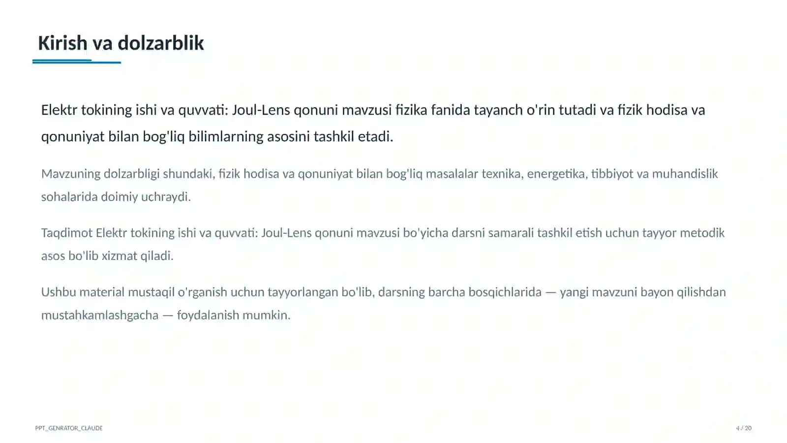 Elektr tokining ishi va quvvati: Joul-Lens qonuni (8-sinf) 4