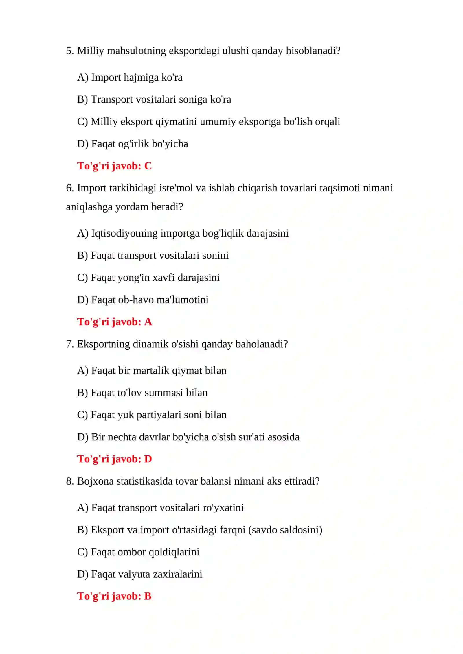 BOJXONA STATISTIKASI TESTLARI 4
