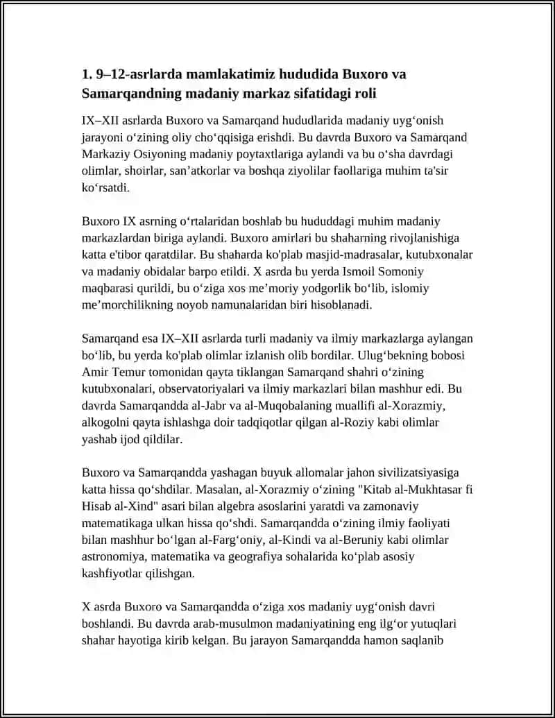 9-12ASRLARDA MAMLAKATIMIZ HUDUDIDA ROY BERGAN MADANIY UYGONISH SERESANS BUYUK ALLOMALARNING JAHON SIVILIZATSIYA QOSHGAN HISSASI 4