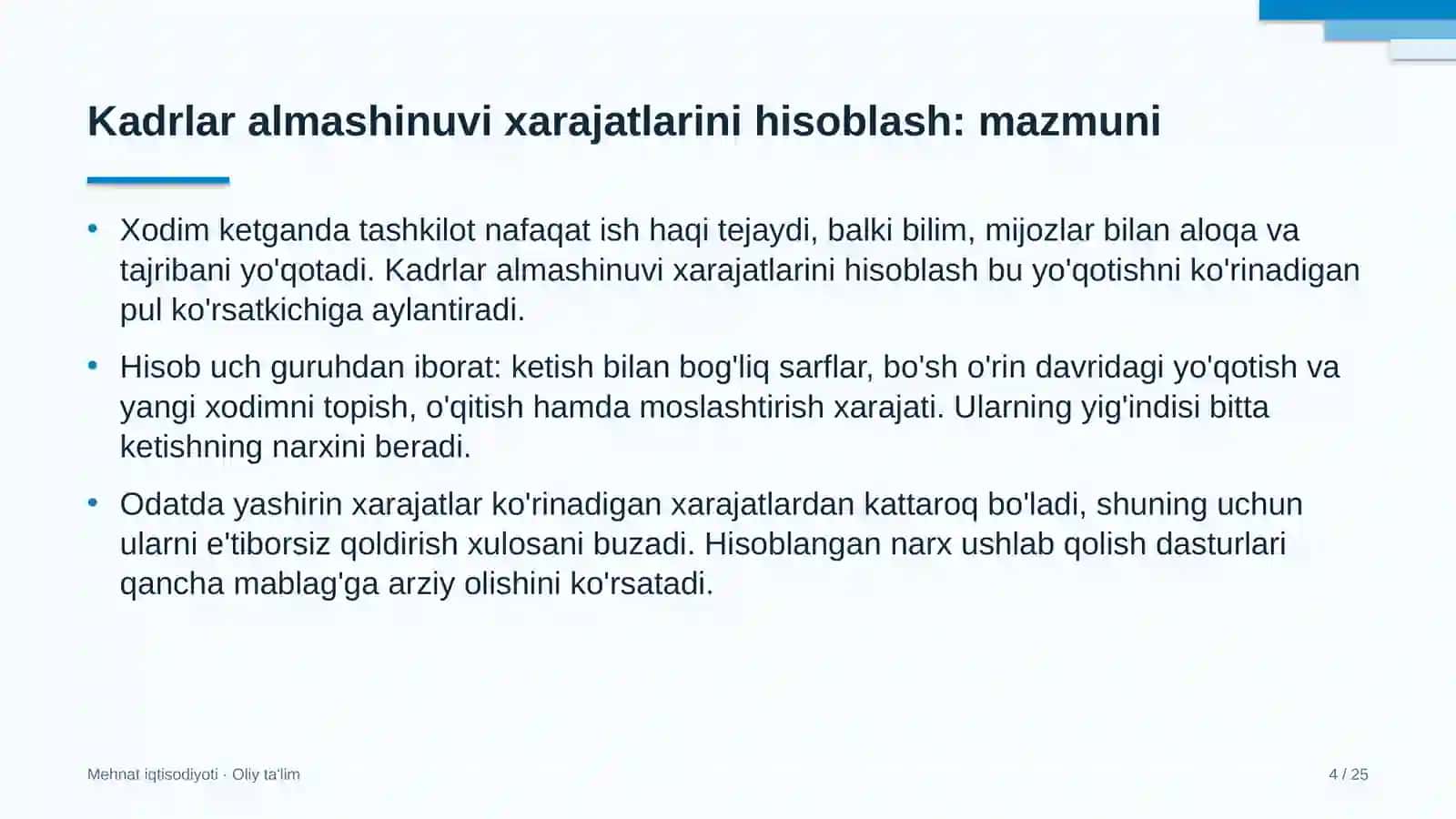 Kattalar ta'limida kadrlar almashinuvi xarajatlarini hisoblash 4