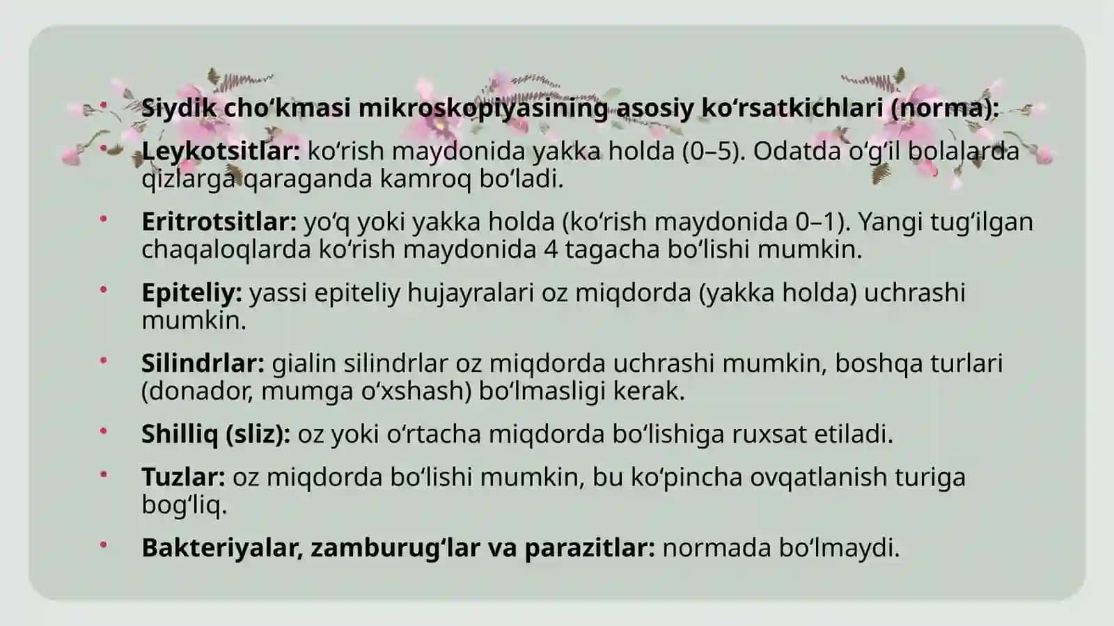 Siydik tahlillarini mikroskopik tekshirishini baholash(Kakovskovo Addiso, Nechiperenko) 4