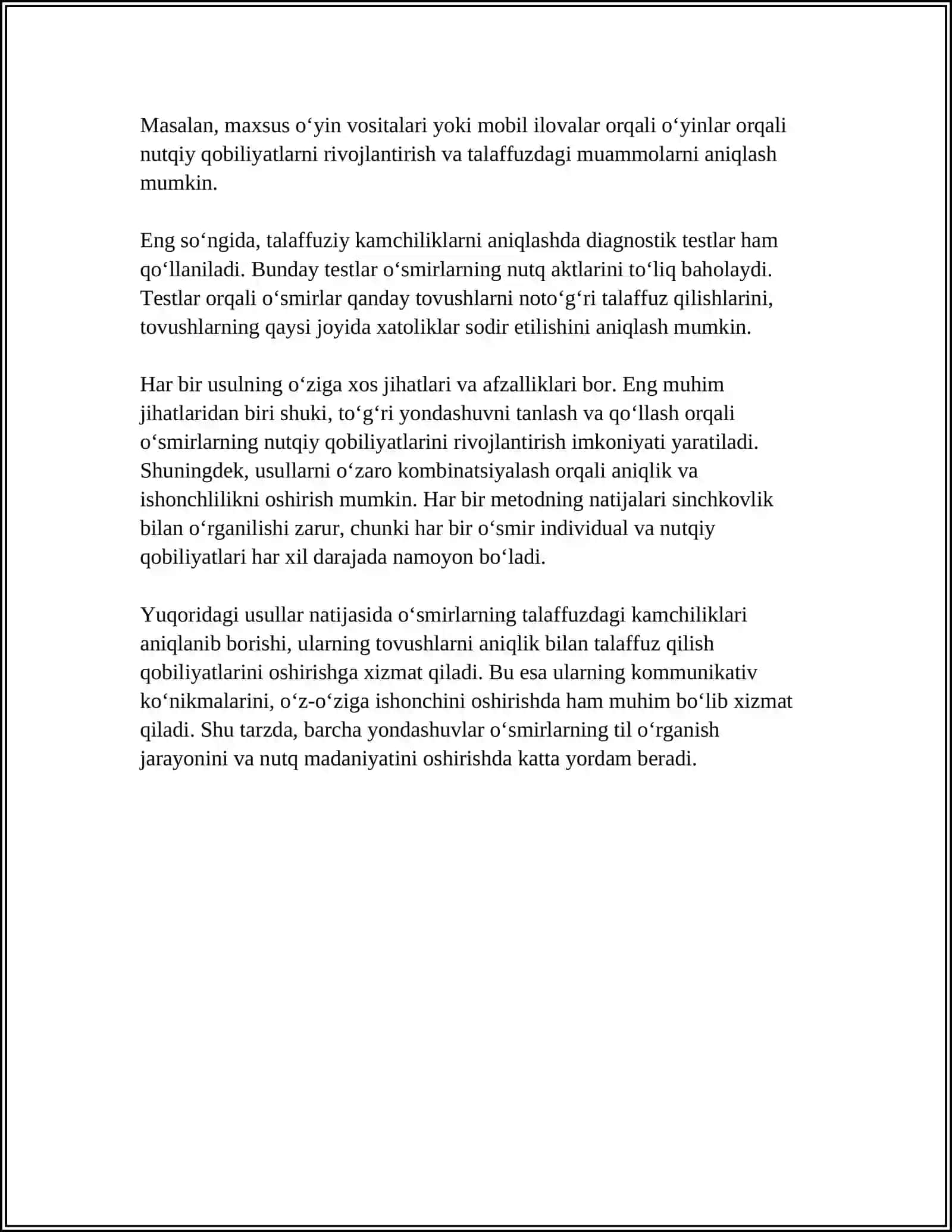 TOVUSHLAR TALAFFUZIDA KAMCHILIGI BÕLGAN BOLALARNING PSIXOLOGIK XUSUSIYATLARI (BILISH JARAYONLARI, XISSIY IRODAVIY SOXASI, SHAXSLAR ARO MUNOSABAT, FAOLIYATI) ULARNI TEKSHIRISH VA KORREKSIYALASH 4