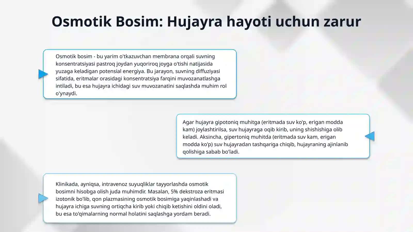 Biologik eritmalar va ularning fizik-kimyoviy xossalari: osmotik bosim, bufer sistemalar, pH va kislota-ishqor muvozanatining klinik ahamiyati. 4