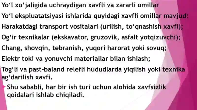 Avtomobil yo‘llarining ekspluatatsiyasi qilishda mehnat muhofazasi va xavfsizlik texnikasi 4