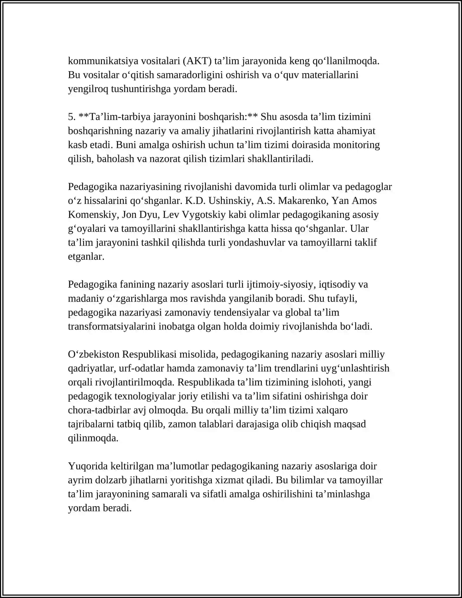 MUSTAQIL ISH Mavzu: BO'LAJAK O'QITUVCHILARNI PEDAGOGIK FAOLIYATGA TAYYORLASHDA "PEDAGOGIKA NAZARIYASI VA TARIXI" FANINING O'RNI VA ROLI 4