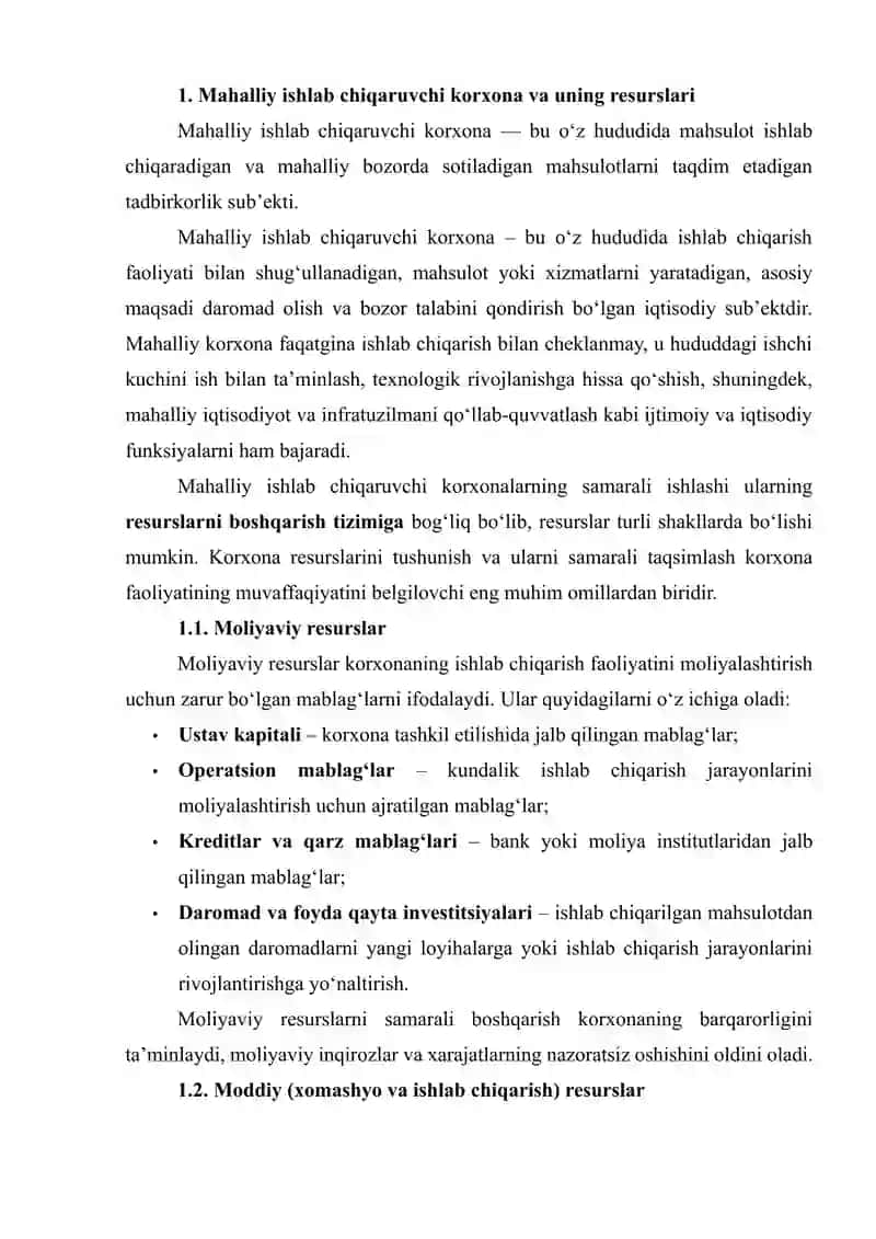 MAHALLIY ISHLAB CHIQARUVCHI KORXONA RESURSLARINI SAMARALI TAQSIMLASH, ULARNI TAKLIF QILISH VA AMALIYOTDAGI MUAMMOLARNI ANIQLASH HAMDA YECHIMLARNI LOYIHA SHAKLIDA ISHLAB CHIQISH 4