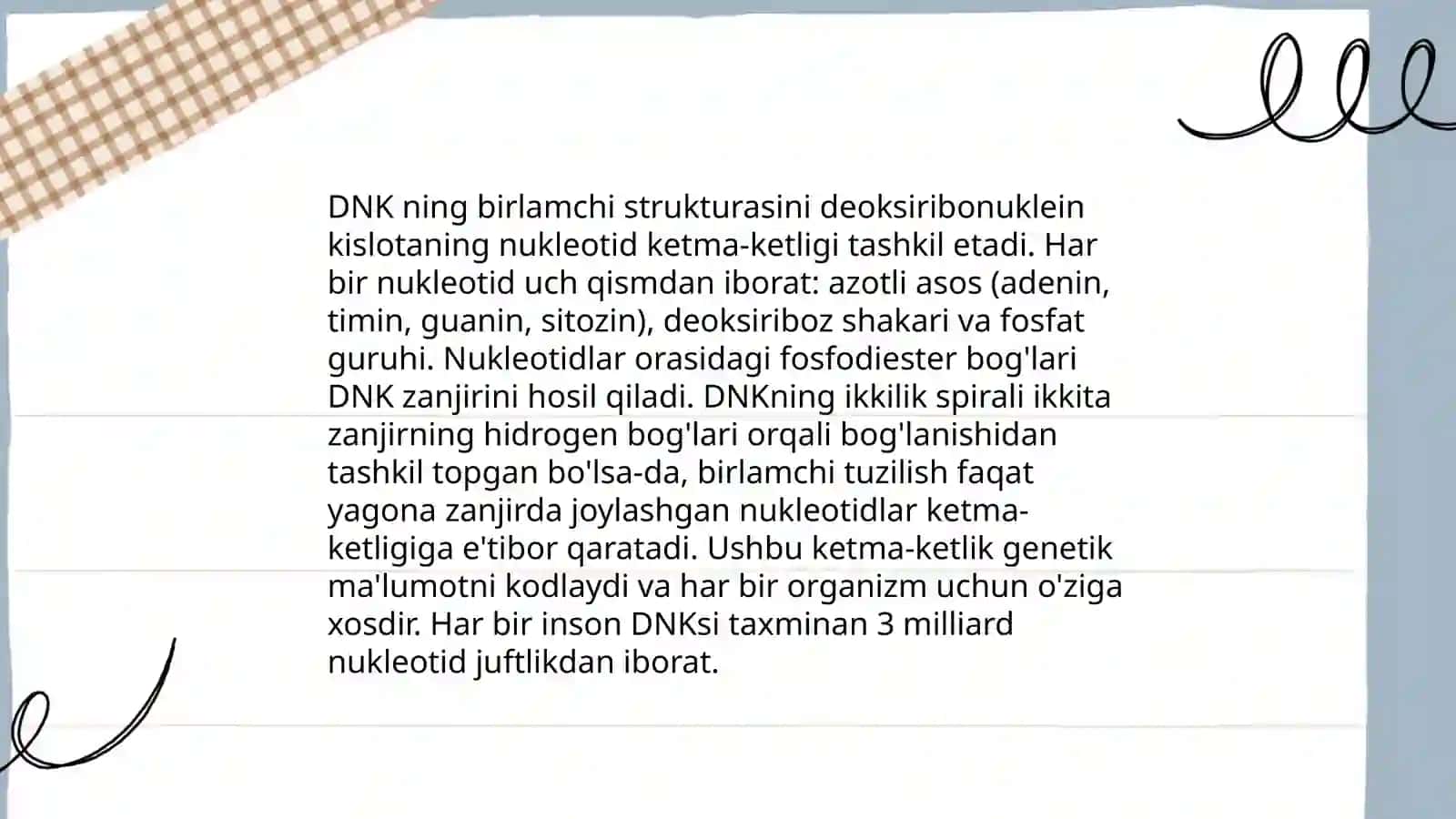 Nuklein kislotalarning birlamchi strukturasi.DNKning ikkilamchi strukturasini hosil boʻlishida komplementarlik prinsipi.Chargaff qoidalari.DNK qoʻsh zanjirining tavsifi 4