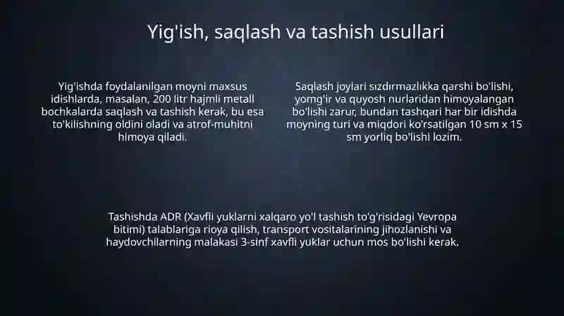 Foydalanishdagi motor va gidravlik moylarni yig'ish va qayta ishlash 4