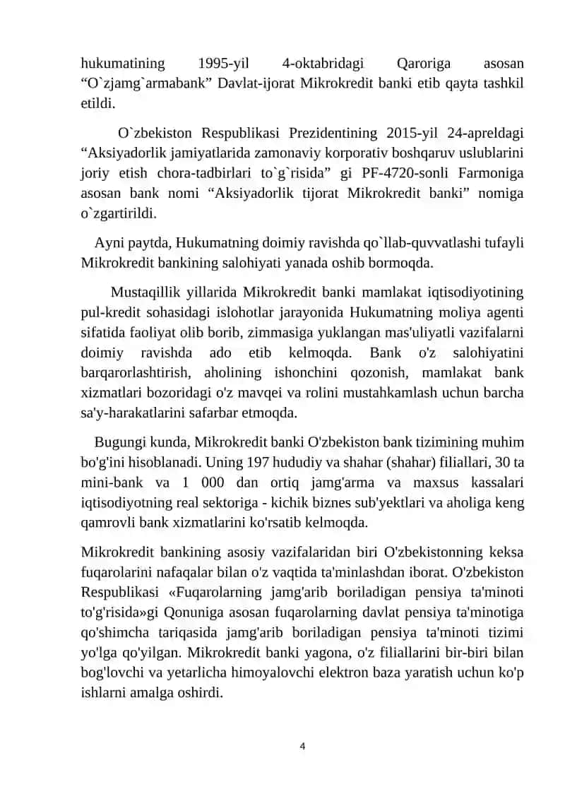 Aksiyadorlik tijorat Mikrokredit banki Surxondaryo viloyati filialidagi amaliyot bo`yicha hisobot 4