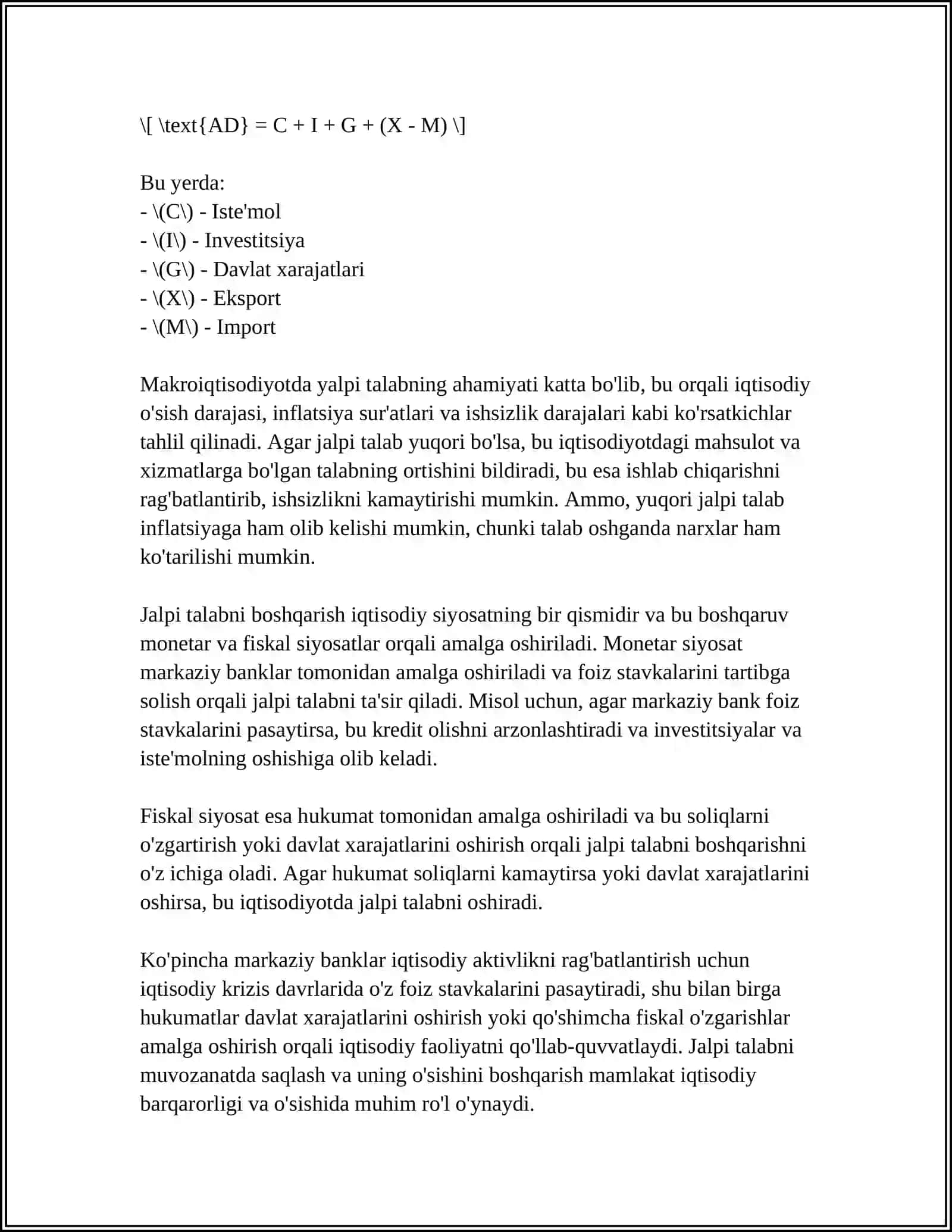 YALPI TALAB VA YALPI TAKLIFNING MAKROIQTISODIY KO'RSATKICHLARGA TA' SIRI 4