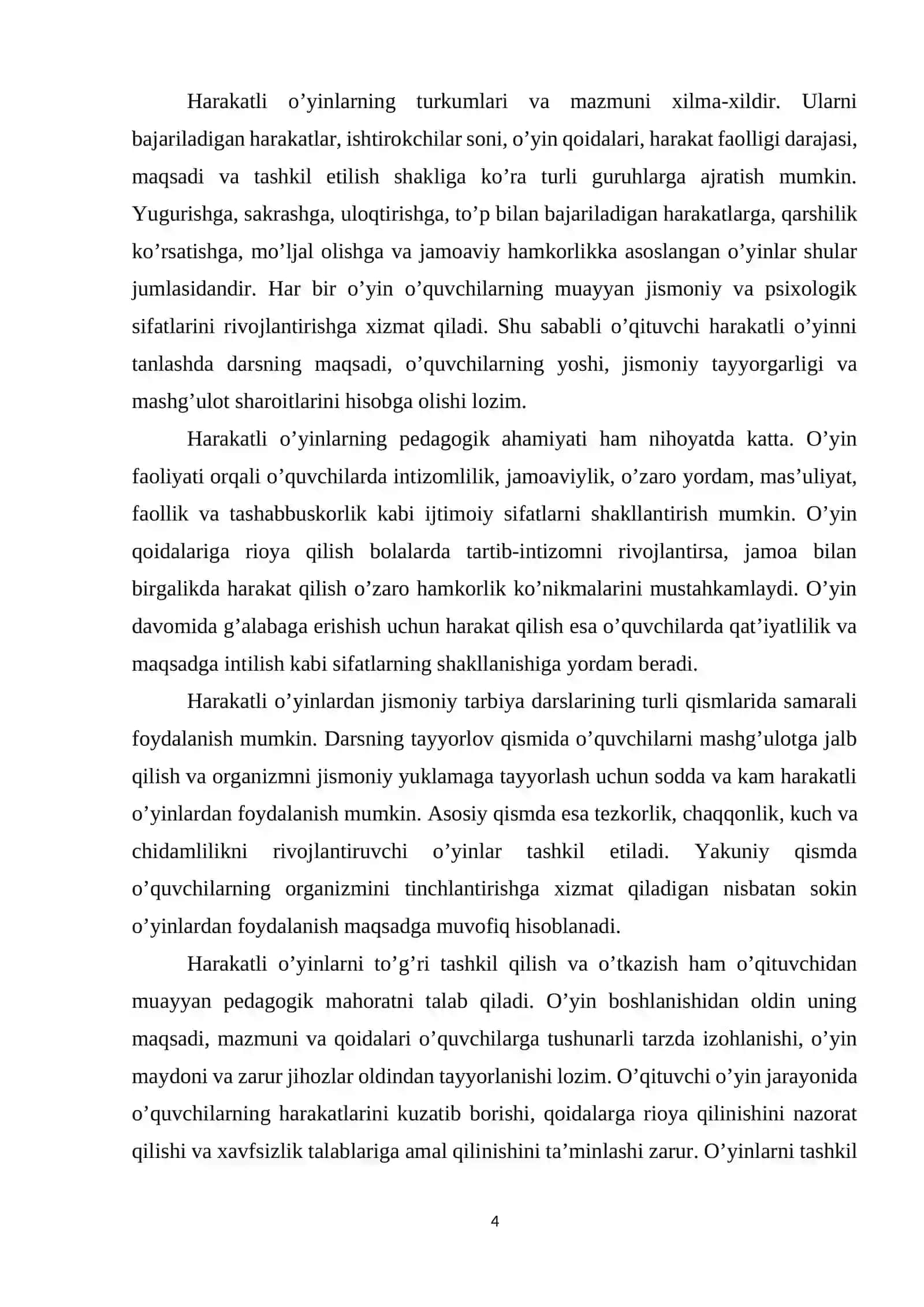 Harakatli o’yinlarni qisqacha tarixi, turkumlari va pedagogik ahamiyati. Harakatli o’yinlarni tashkil qilish va o’tkazish. 4