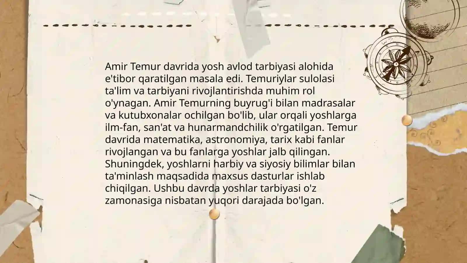 Amir Temur o’gitlarining tarbiyaviy ahamiyati.Alisher Navoiyning pedagogik qarashlari 4