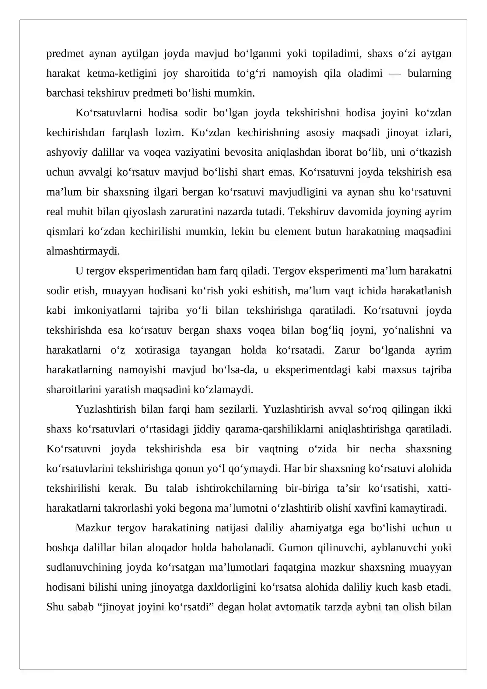 Ko‘rsatuvlarni hodisa sodir bo‘lgan joyda tekshirish tergov harakatini o‘tkazish tartibi va asoslari 4