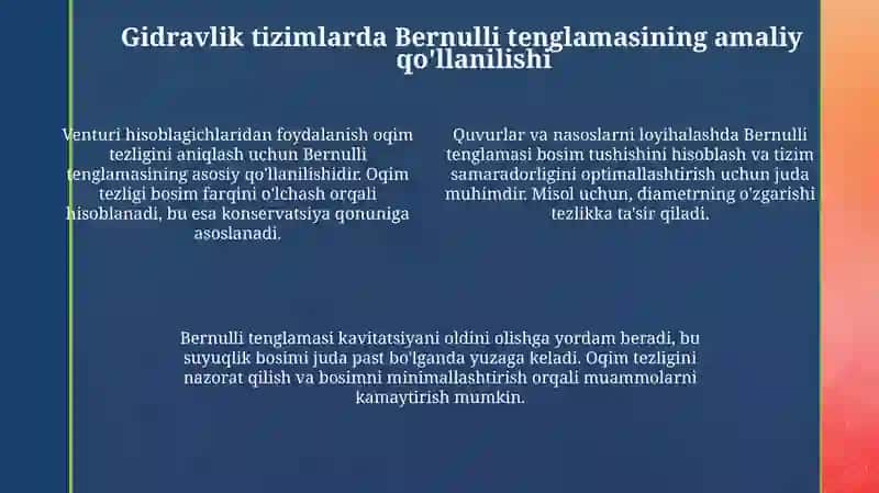 Bernulli tenglamasining gidravlik tizimlarda amaliy qo'llanilishi 4