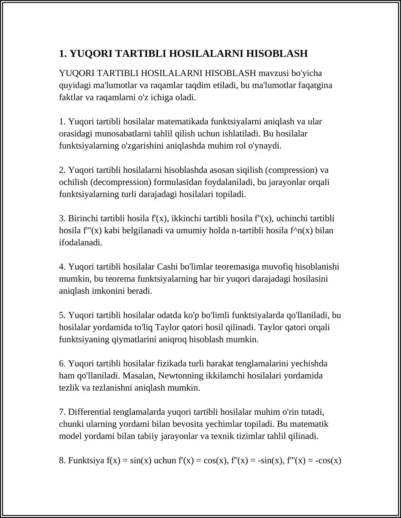 YUQORI TARTIBLI HOSILA.OSHKORMAS VA PARAMETRIK FUNKSIYALAR HOSILASINI HISOBLASH.MURAKKAB VA TESKARI FUNKSIYA 4