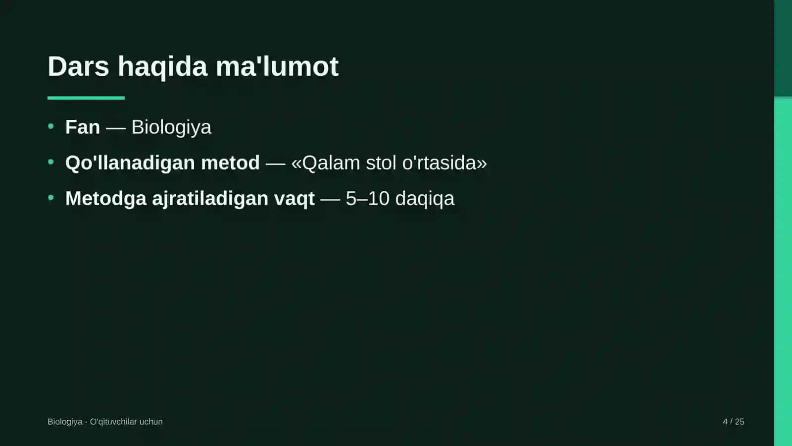 biologiya darslarida qalam stol o'rtasida metodidan foydalanish 4844 4