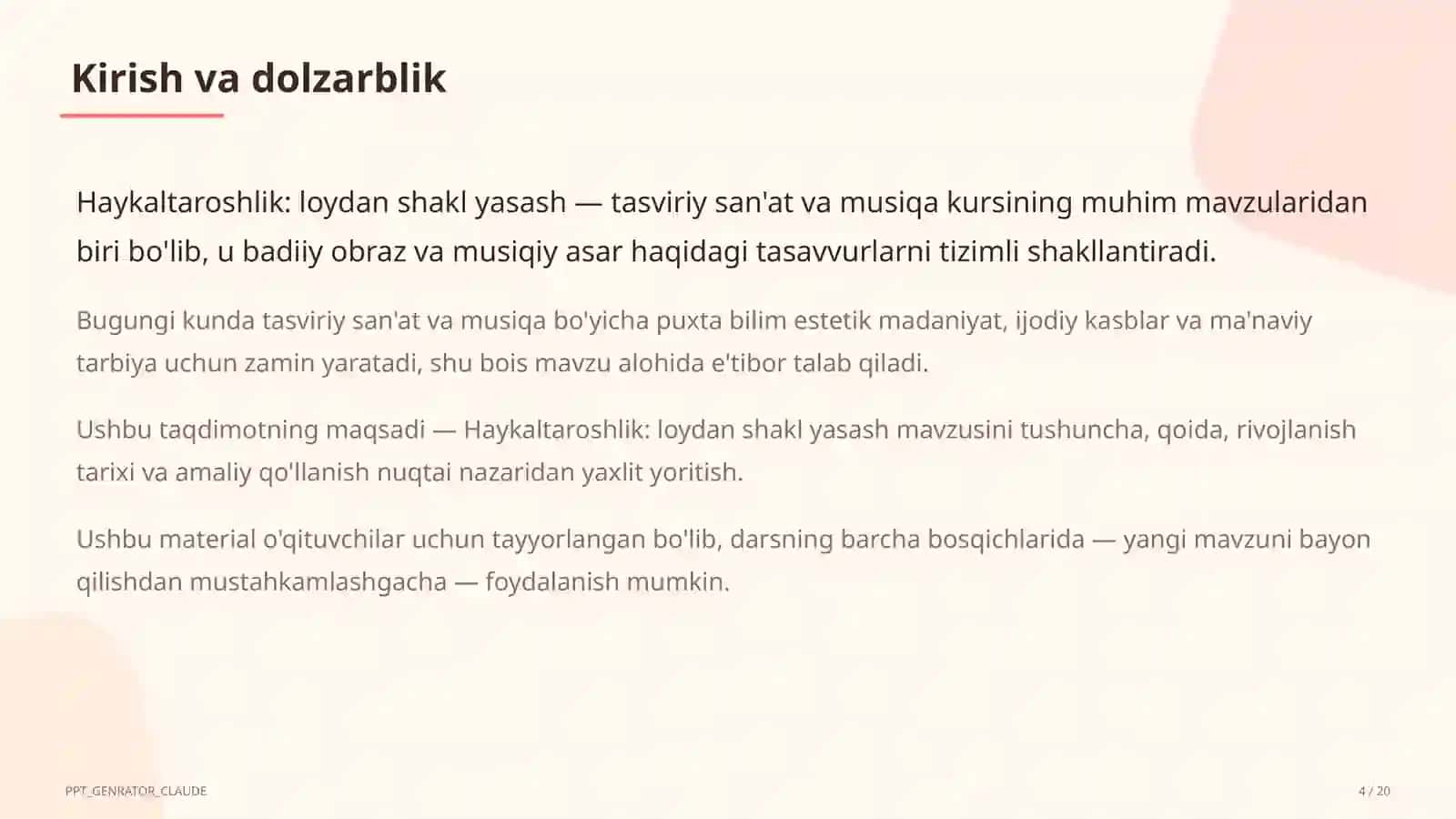 Haykaltaroshlik: loydan shakl yasash (4-sinf) 4