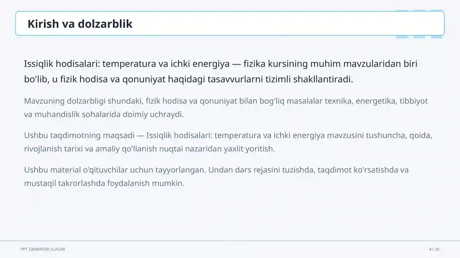 Issiqlik hodisalari: temperatura va ichki energiya (8-sinf) 4
