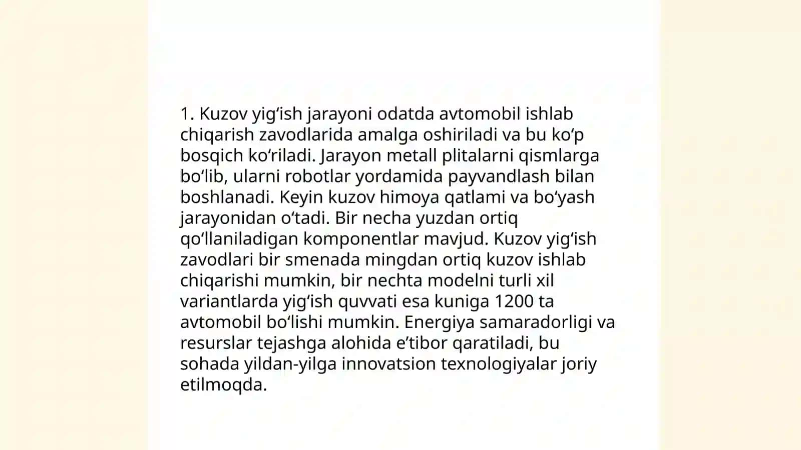 Avtomobil texnikalarini kuzovi va kabinasini yig‘ish o‘rnatish ustaxonasi ishini tashkil etish 4