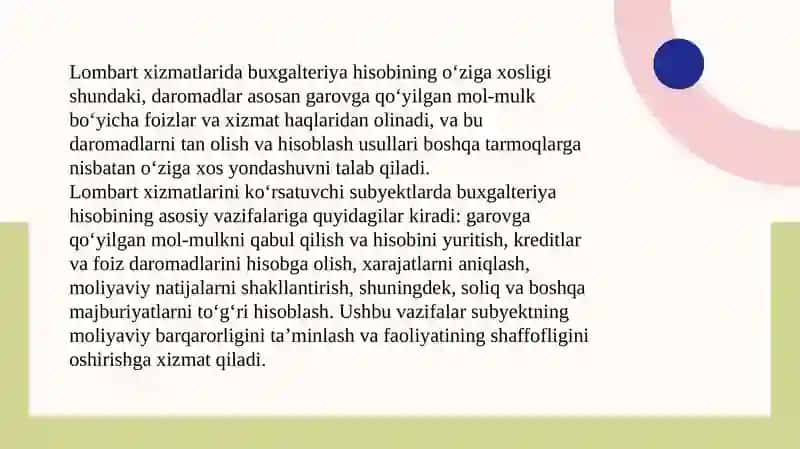 Lombart xizmatlarini koʻrsatuvchi sub’ektlarda buxgalteriya hisobi 4