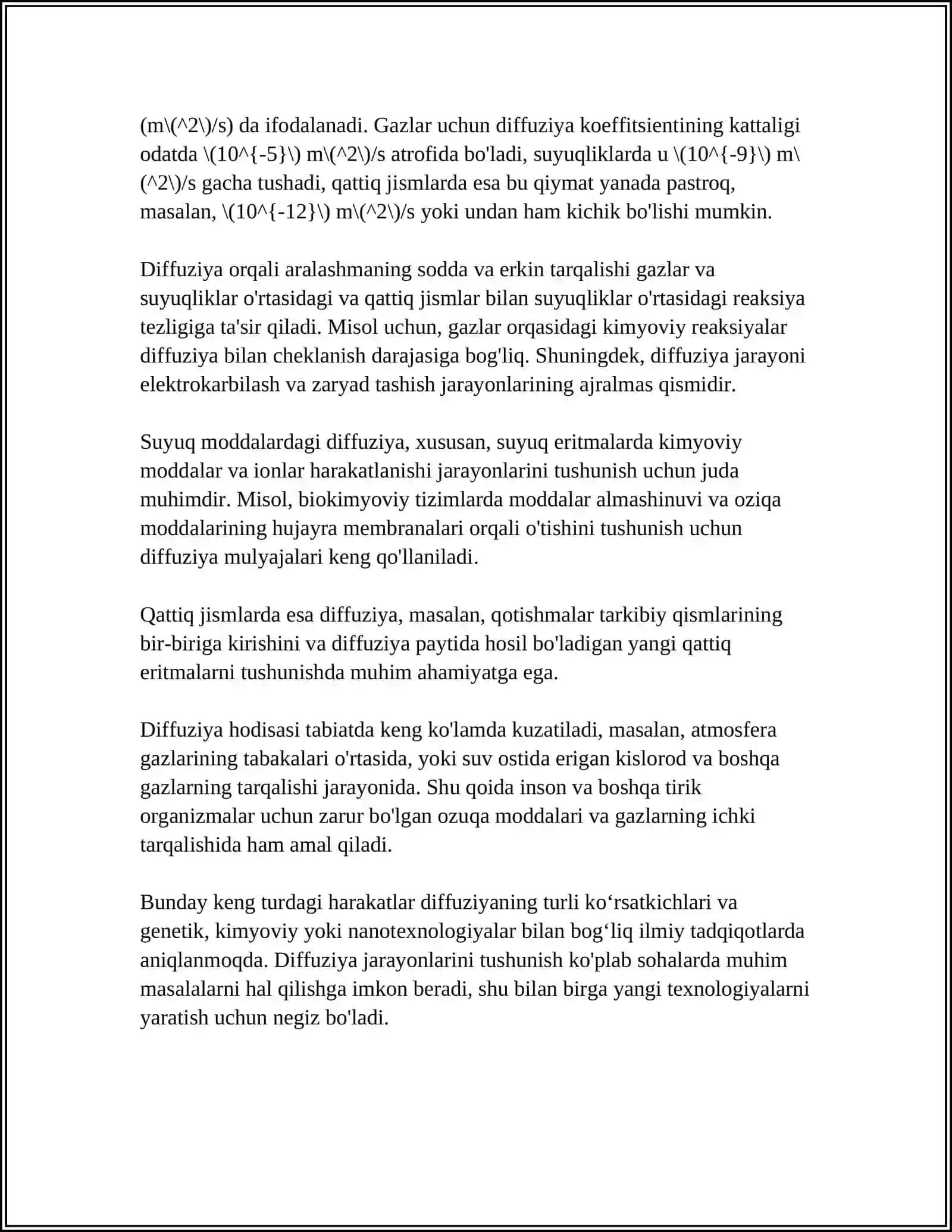 KO'CHISH HODISALARI. DIFFUZIYA, ISSIQLIK O'TKAZUVCHANLIK VA QOVUSHQOQLIK 4