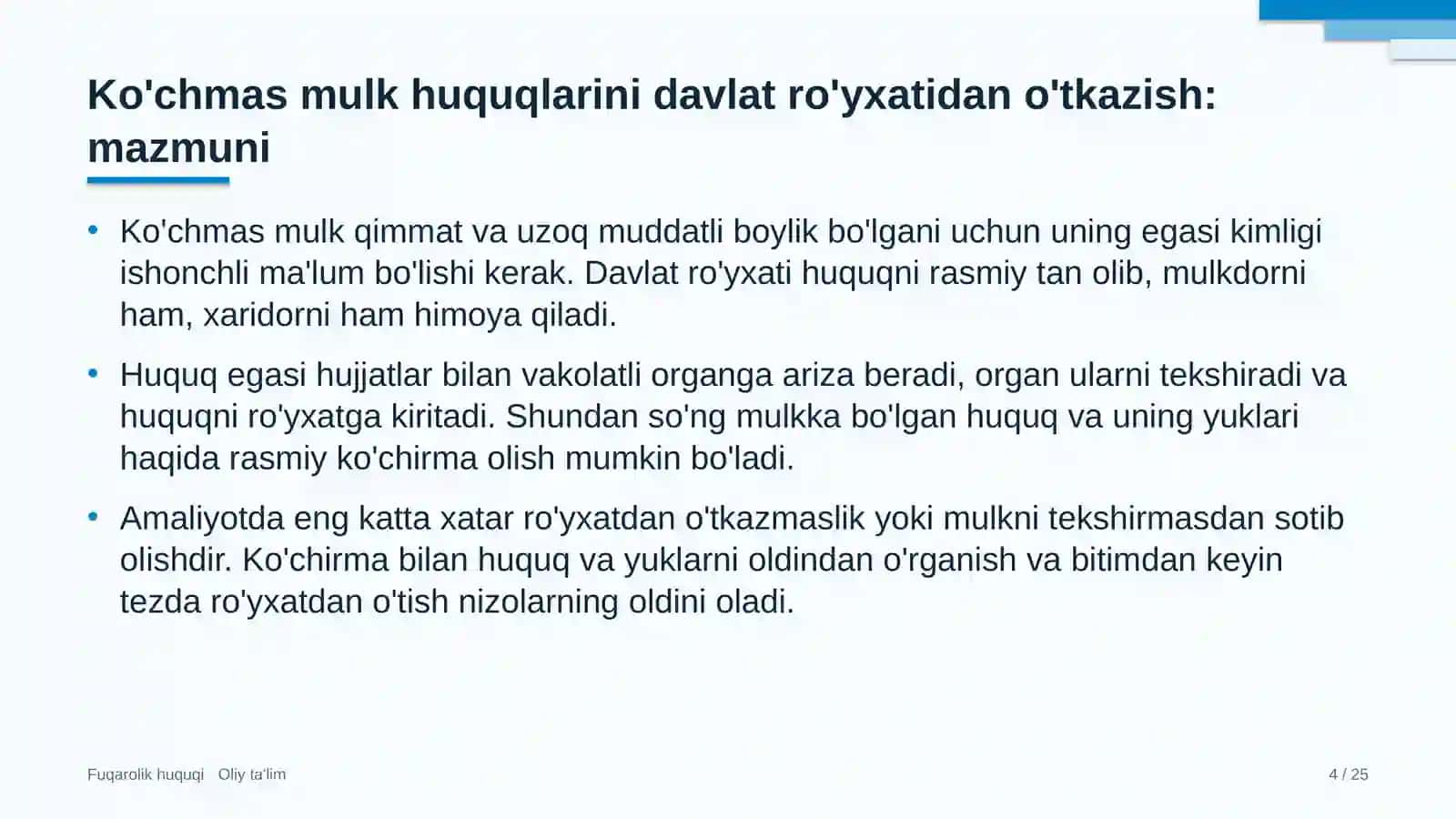 Avtoservis korxonalarida ko'chmas mulkka bo'lgan huquqlarni davlat ro'yxatidan o'tkazish 4