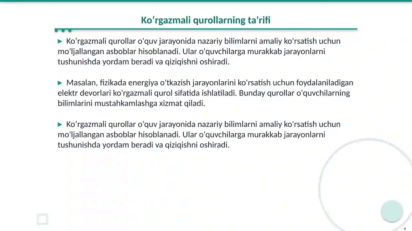 Labaratoʻriya jixozlari. Koʻrgazmali qurollar, ularning turlari va tabiiy fan darslarida ulardan foydalanish metodikasi 4