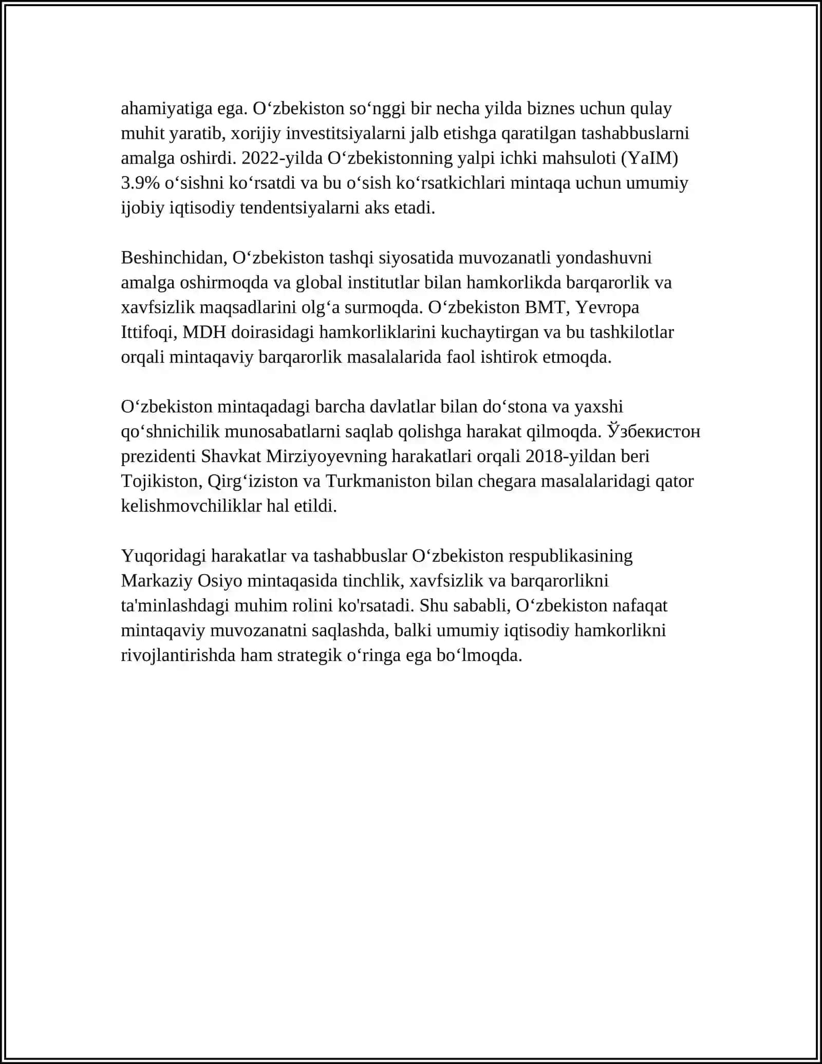 O‘ZBEKISTONNING MARKAZIY OSIYODA TINCHLIK VA BARQARORLIKNI ÒRNATISHNING ASOSIY ÒRNI 4