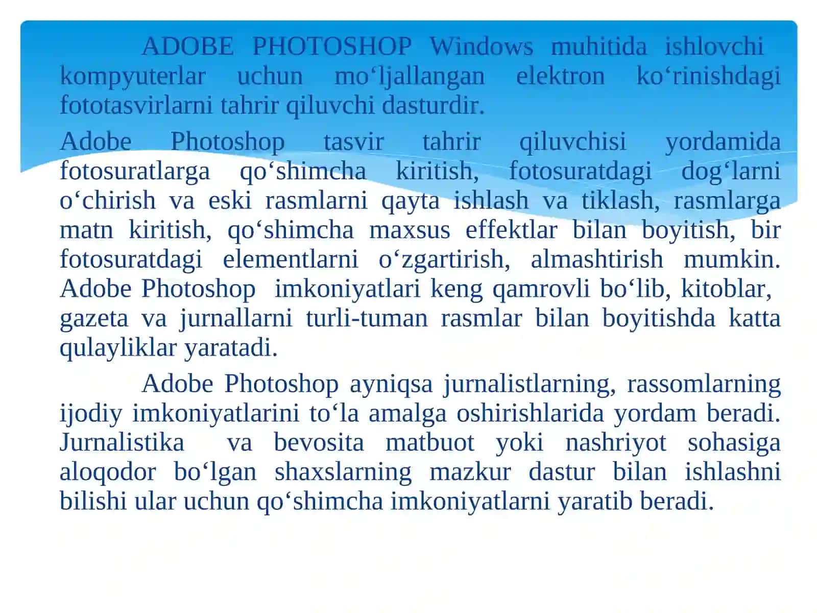 Rastrli grafika dasturi yordamida ob’ektlarni qayta ishlash.Adobe Photoshop programmasi bilan tanishuv 4