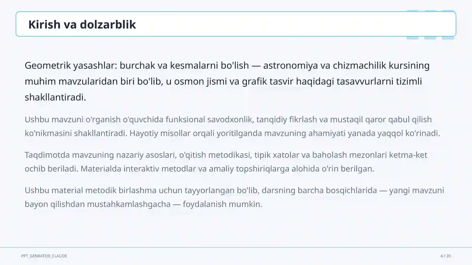 Geometrik yasashlar: burchak va kesmalarni bo'lish (8-sinf) 4