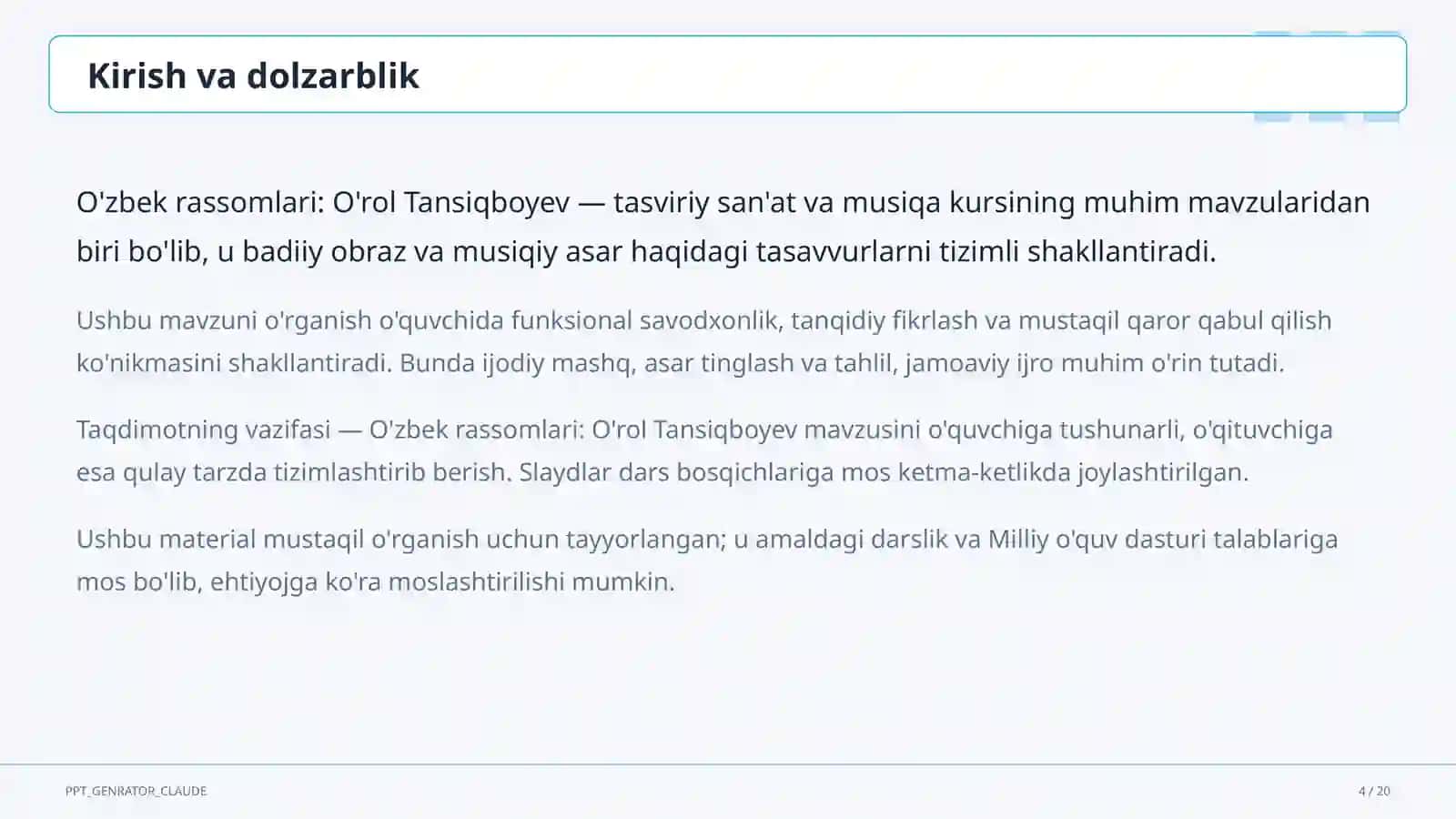 O'zbek rassomlari: O'rol Tansiqboyev (7-sinf) 4