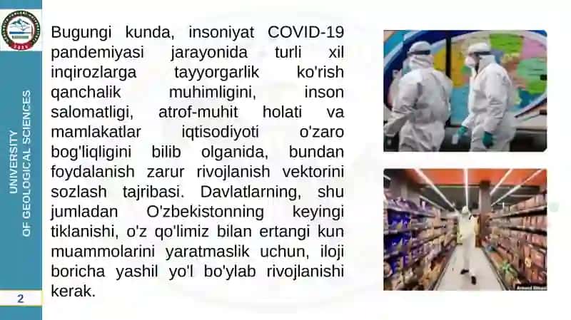 QISHLOQ XO‘JALIGINI “YASHIL IQTISODIYOT” ASOSIDA BARQAROR RIVOJLANTIRISHМаърузачи:Дониёрова шахноза Дониёровна 4