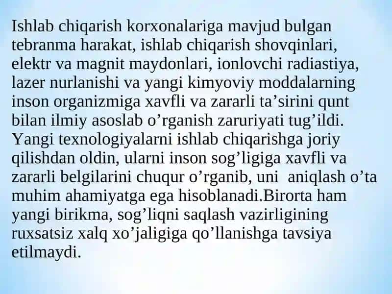 Ishlab chiqarishning sanitariyasi va gigiyenasi me’yorlari 4