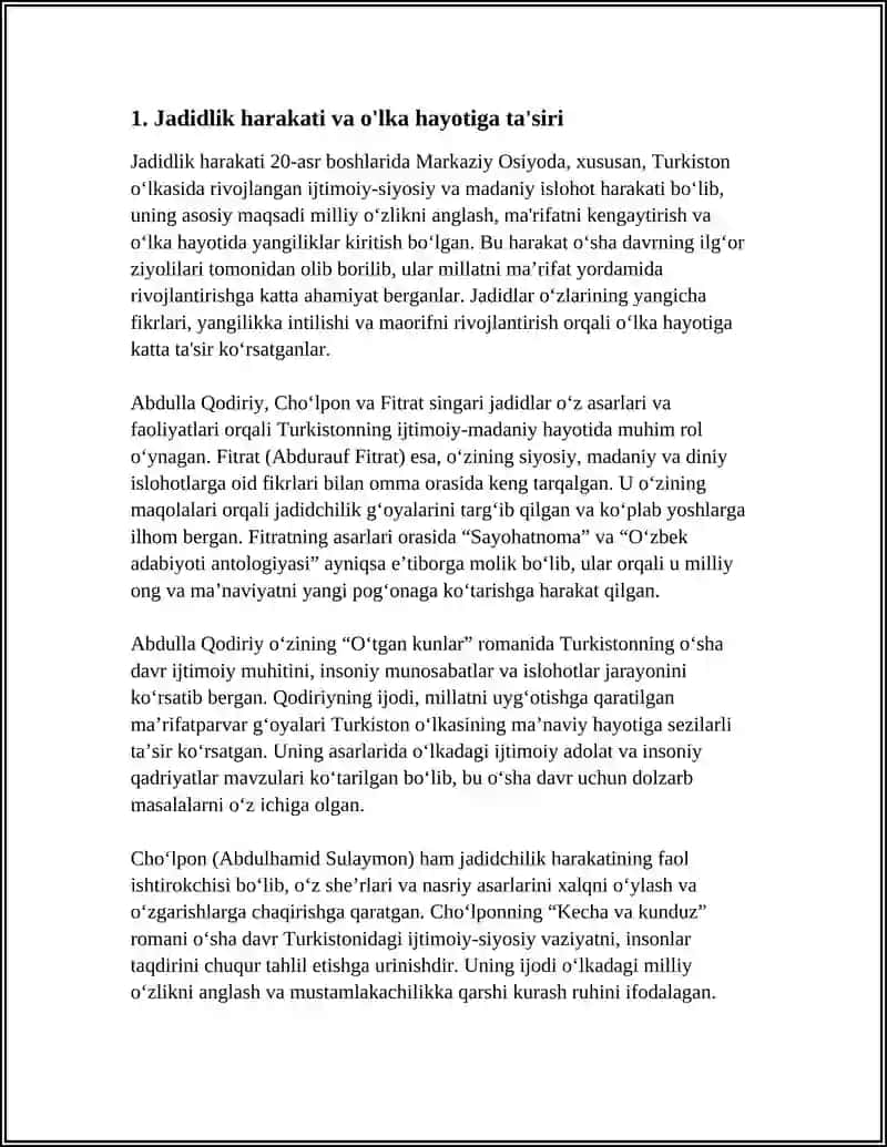JADIDLARNING O'LKA HAYOTIDA TUTGAN O'RNI( CHO'LPON, ABDULLA QODIRIY, FITRAT KABILAR) 4